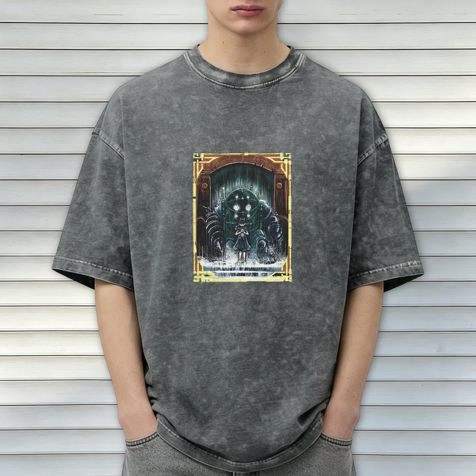 Retro washed black loose short-sleeved T-shirt with BioShock theme print
