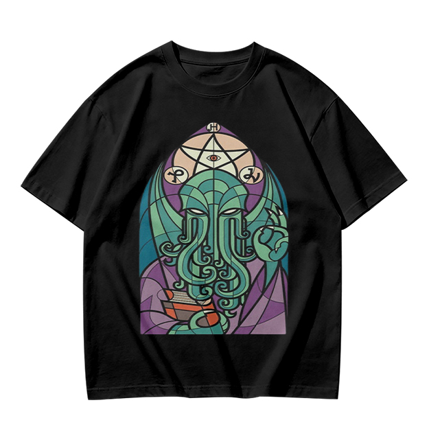 Olive T-Shirt with Stained Glass Style Cthulhu Occult Print