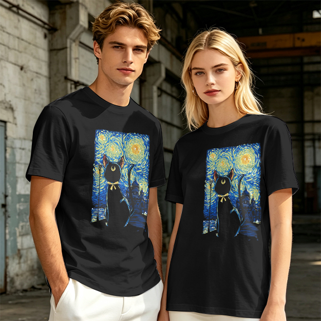 Olive T-Shirt with Starry Night Cat Art Print
