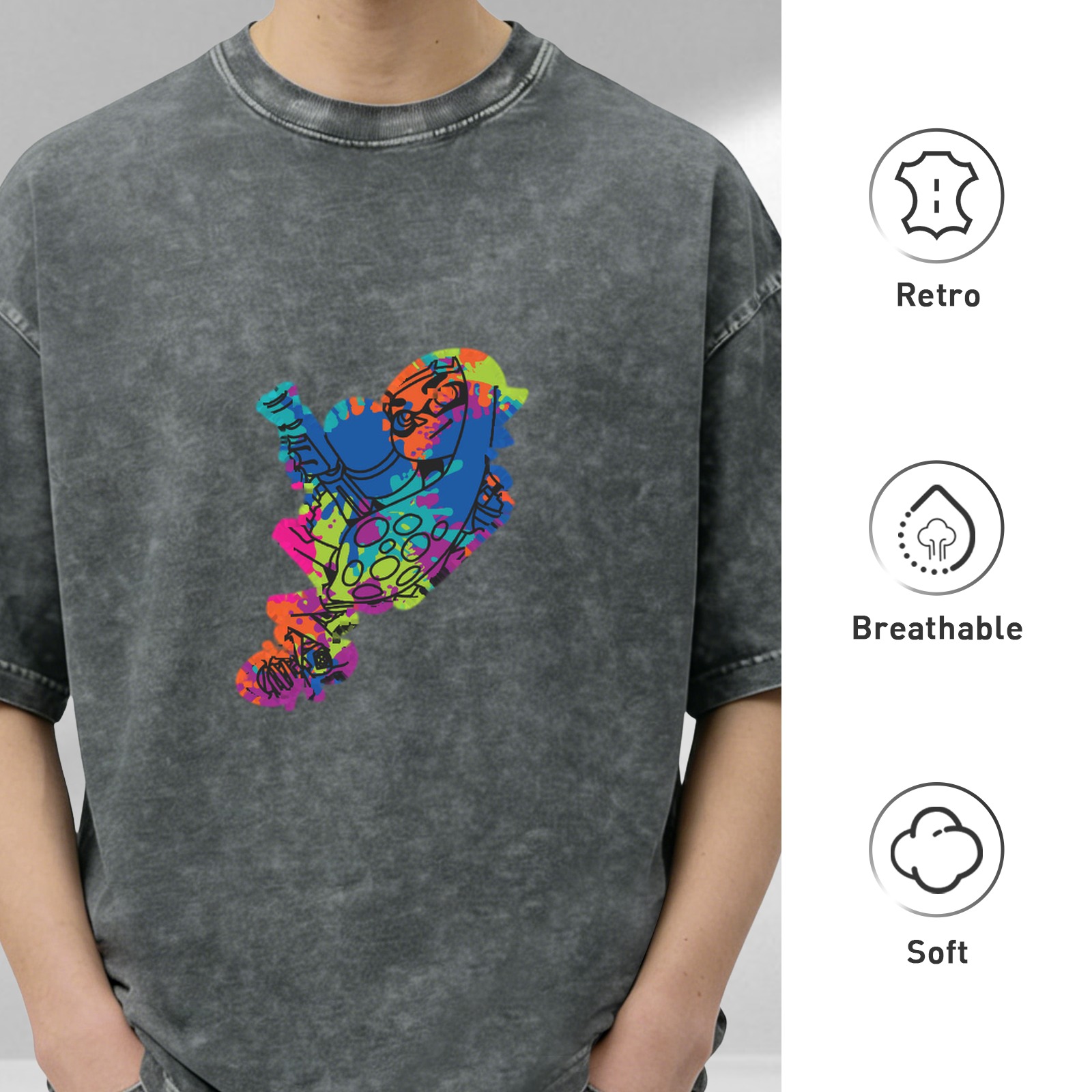Acid Wash Black T-Shirt With Colorful Splatter Art Print