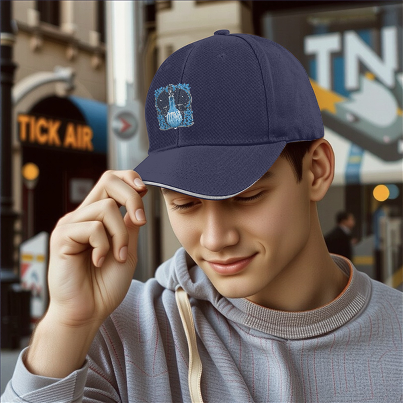 Black Baseball Cap With Blue Celestial Bottle Crest Print