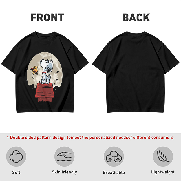 Snoopy and Woodstock on Doghouse Under Full Moon T-Shirt