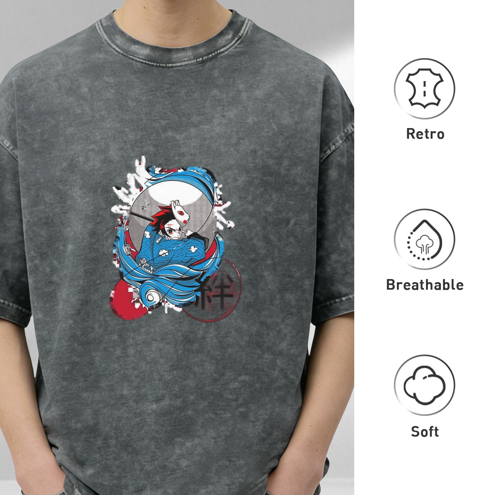 Oversized Washed Black Anime Graphic T-Shirt featuring Demon Slayer Tanjiro Kamado with Warding Mask Design