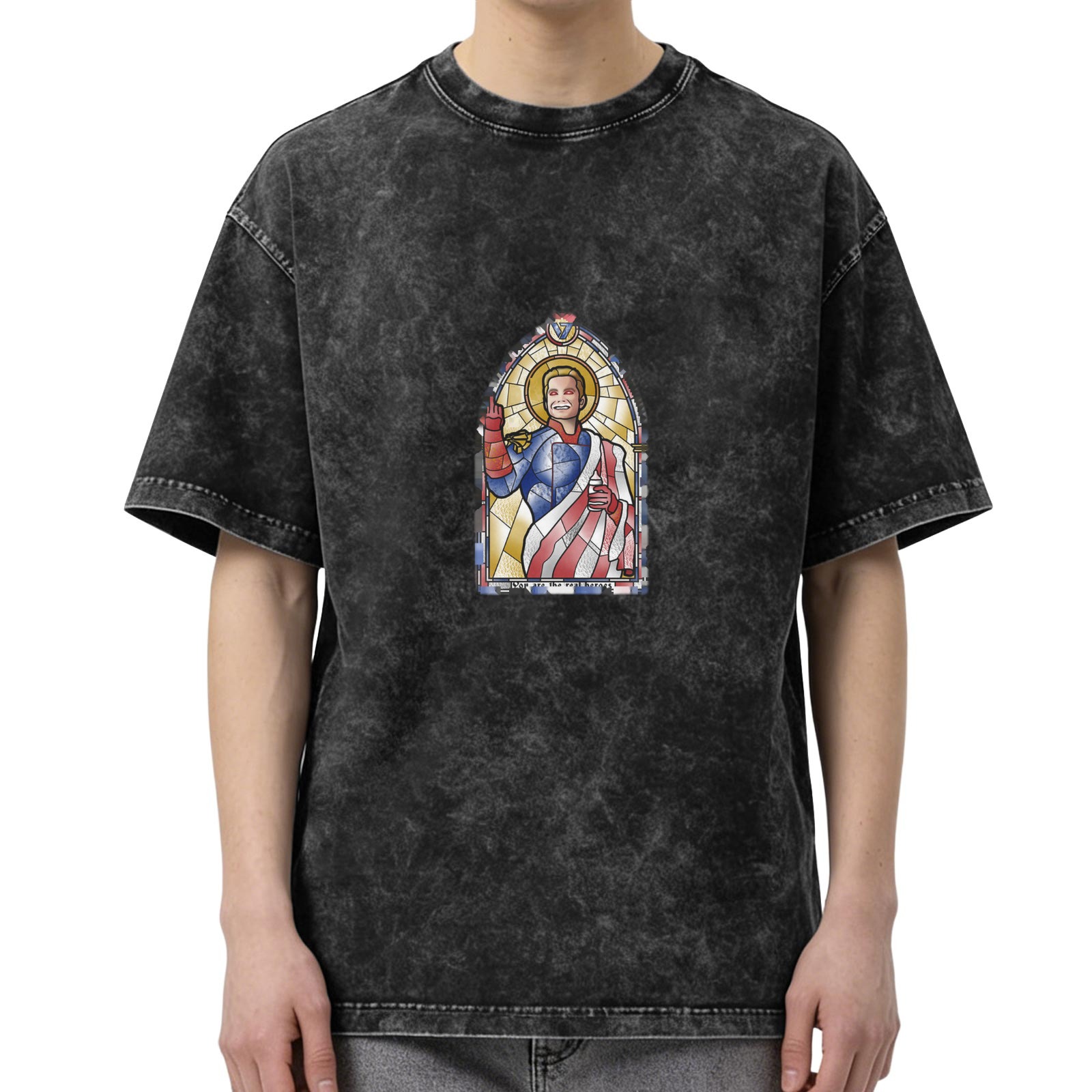 Washed black t-shirt with stained glass style superhero print