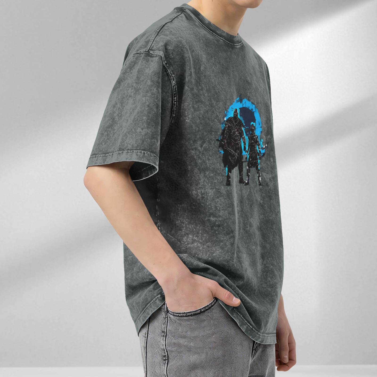 Washed Black Graphic T-Shirt with Fantasy Warrior Characters