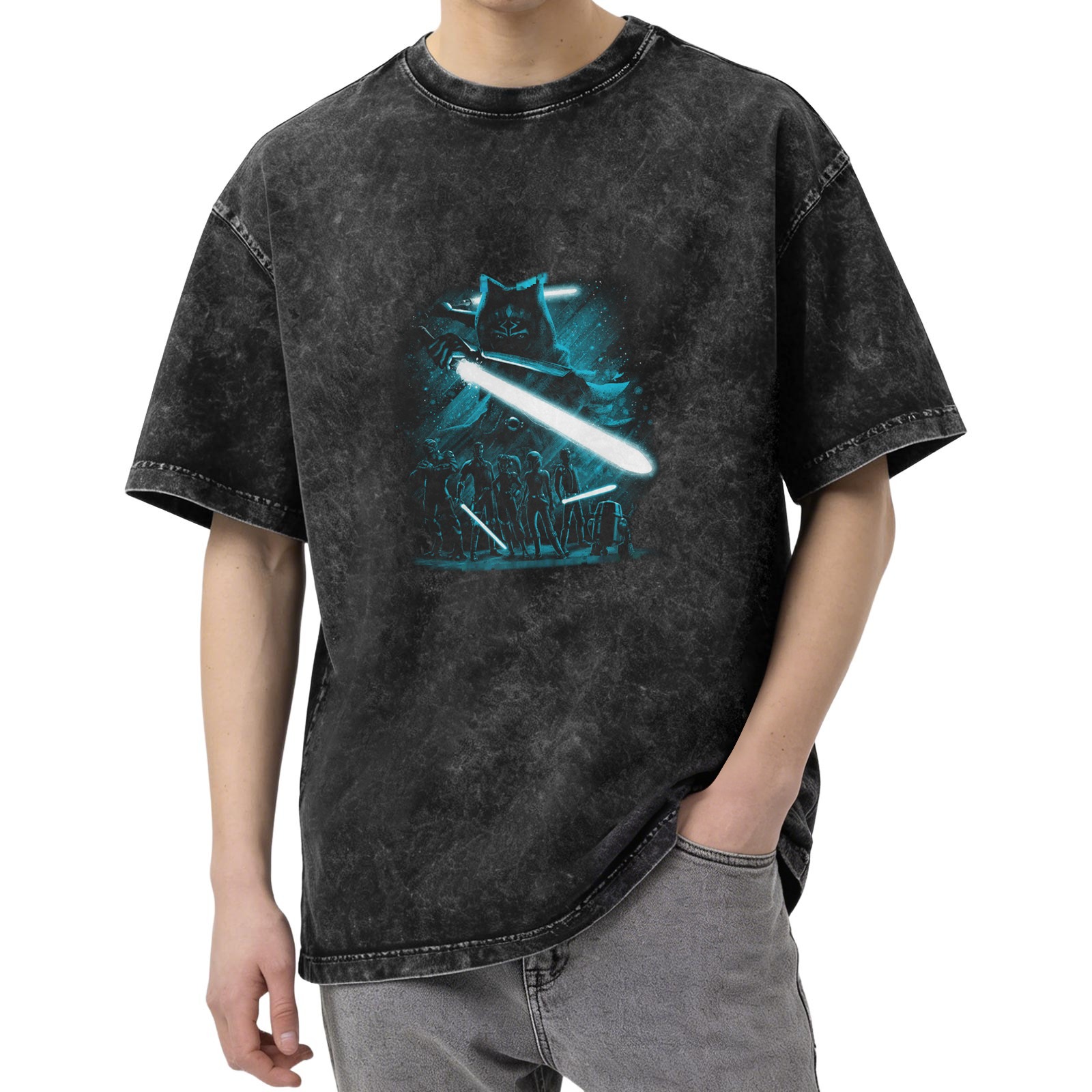 Star Wars Inspired Graphic Print Acid Wash Short Sleeve T-Shirt
