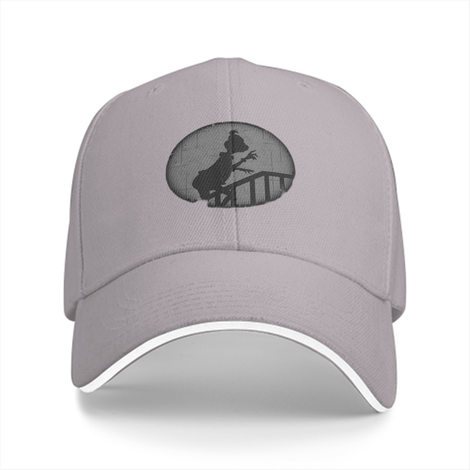 Black baseball cap with Grinch silhouette on staircase design