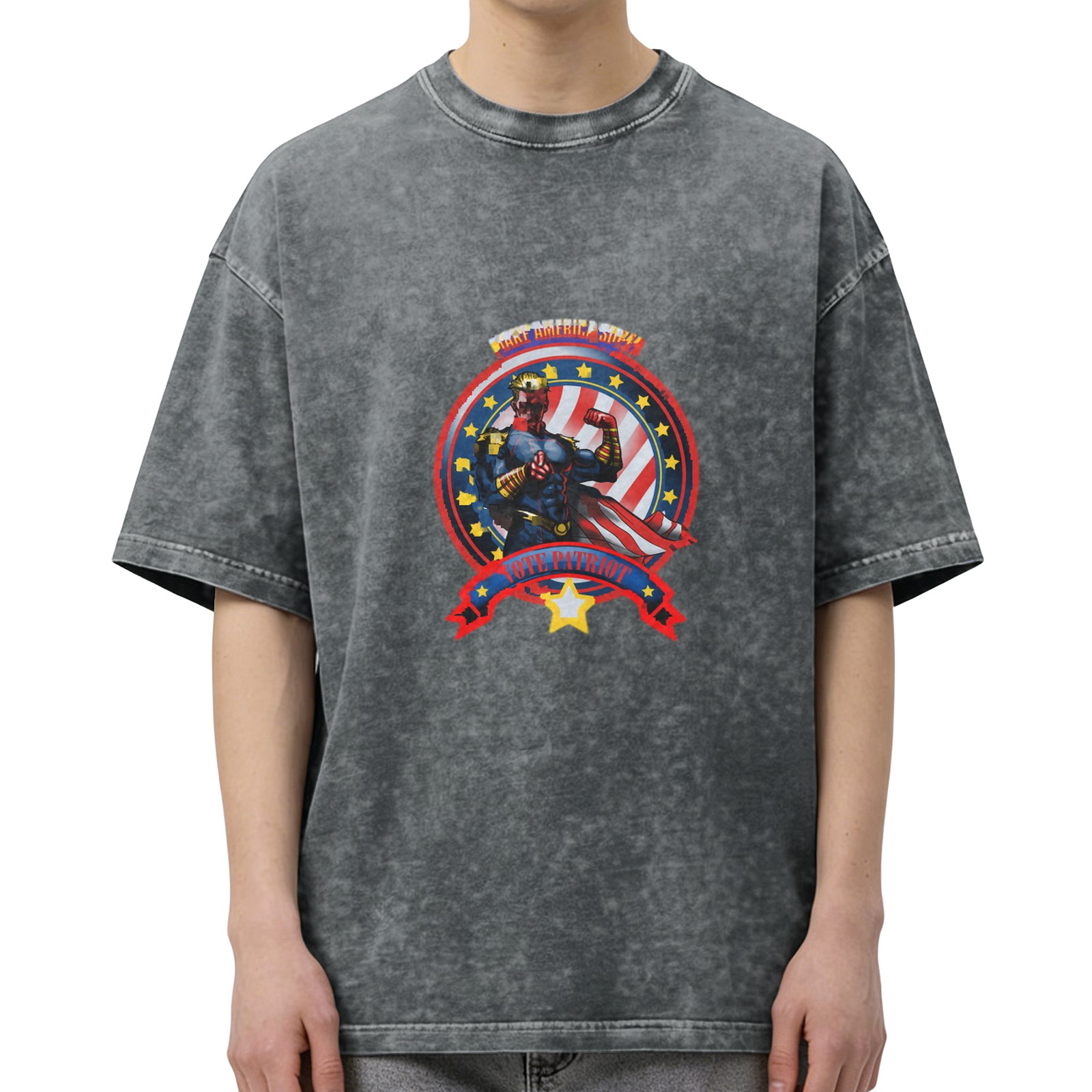 Washed Black Oversized T-Shirt With Patriotic Superhero Graphic