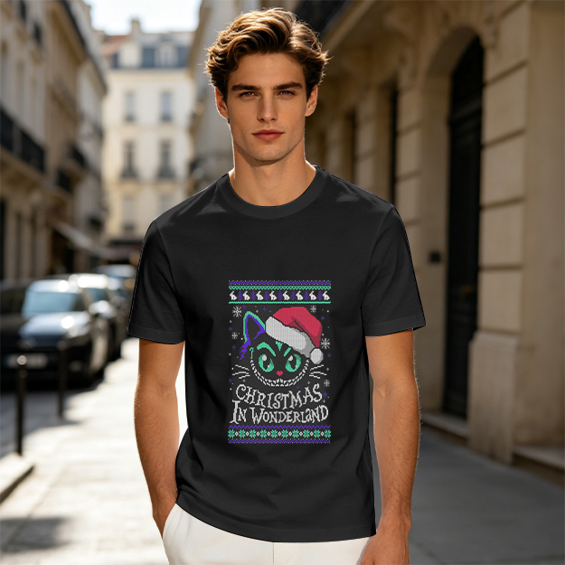 Christmas In Wonderland Cheshire Cat Santa Hat Graphic T-Shirt