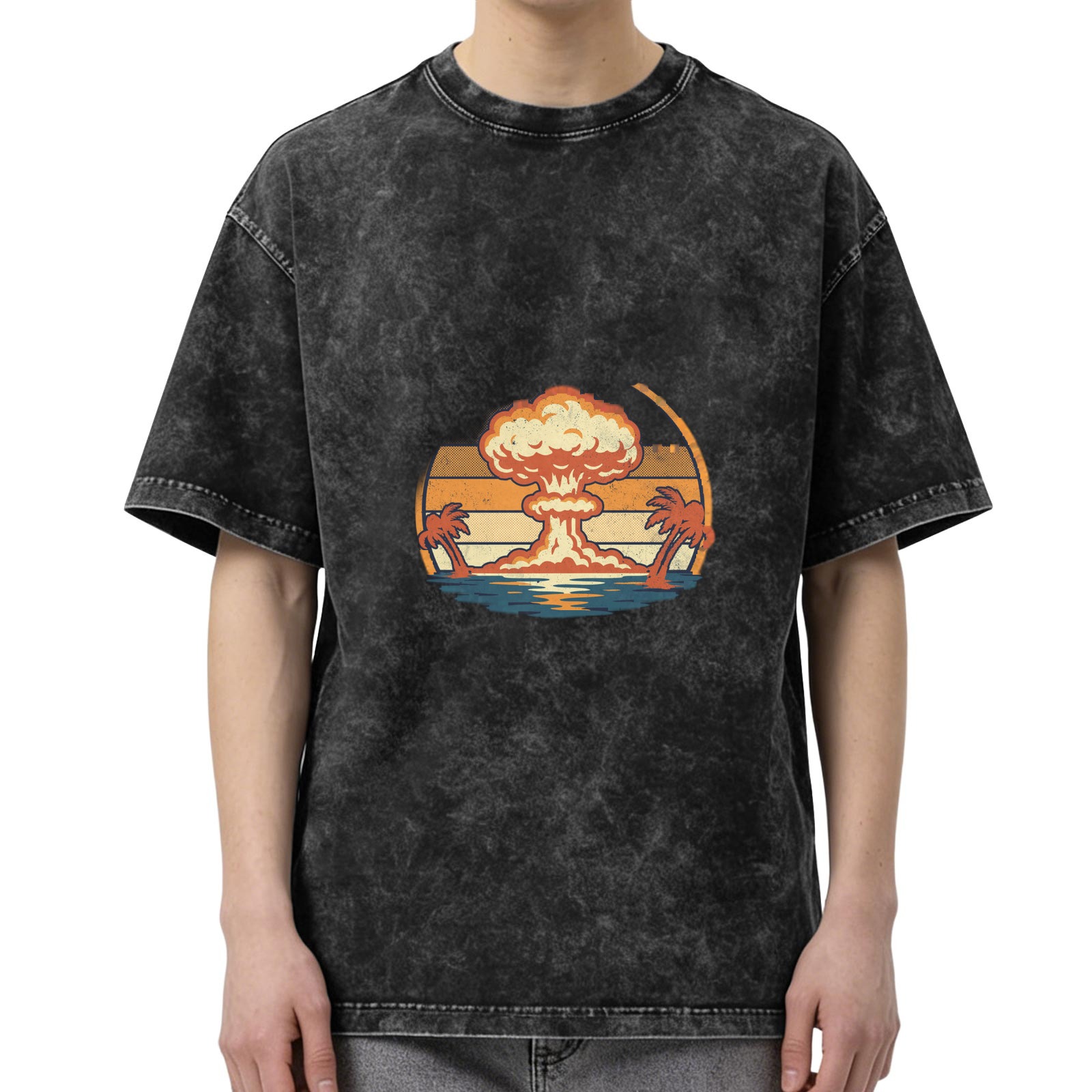 Vintage Acid-Wash Black Oversized T-Shirt with Retro Nuclear Explosion & Palm Tree Sunset Graphic Print