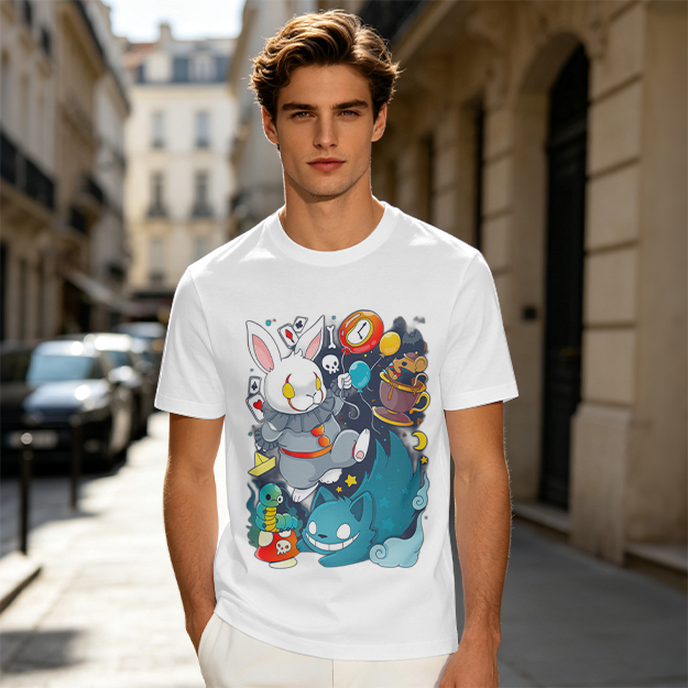 Alice in Wonderland Themed Graphic T-Shirt with Whimsical Characters