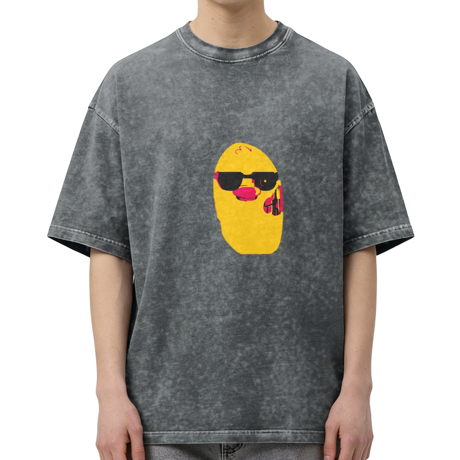 Washed Black T-Shirt With Cool Sunglass Duck Graphic