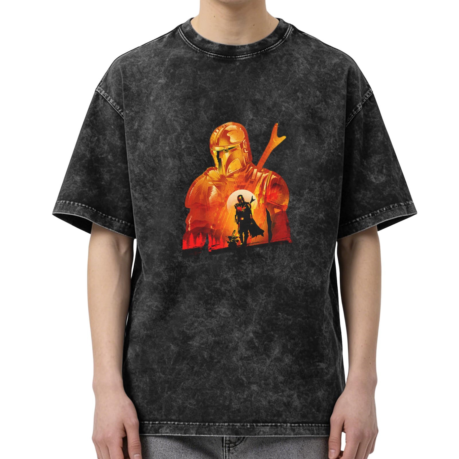 Washed black t-shirt with Mandalorian sunset graphic print