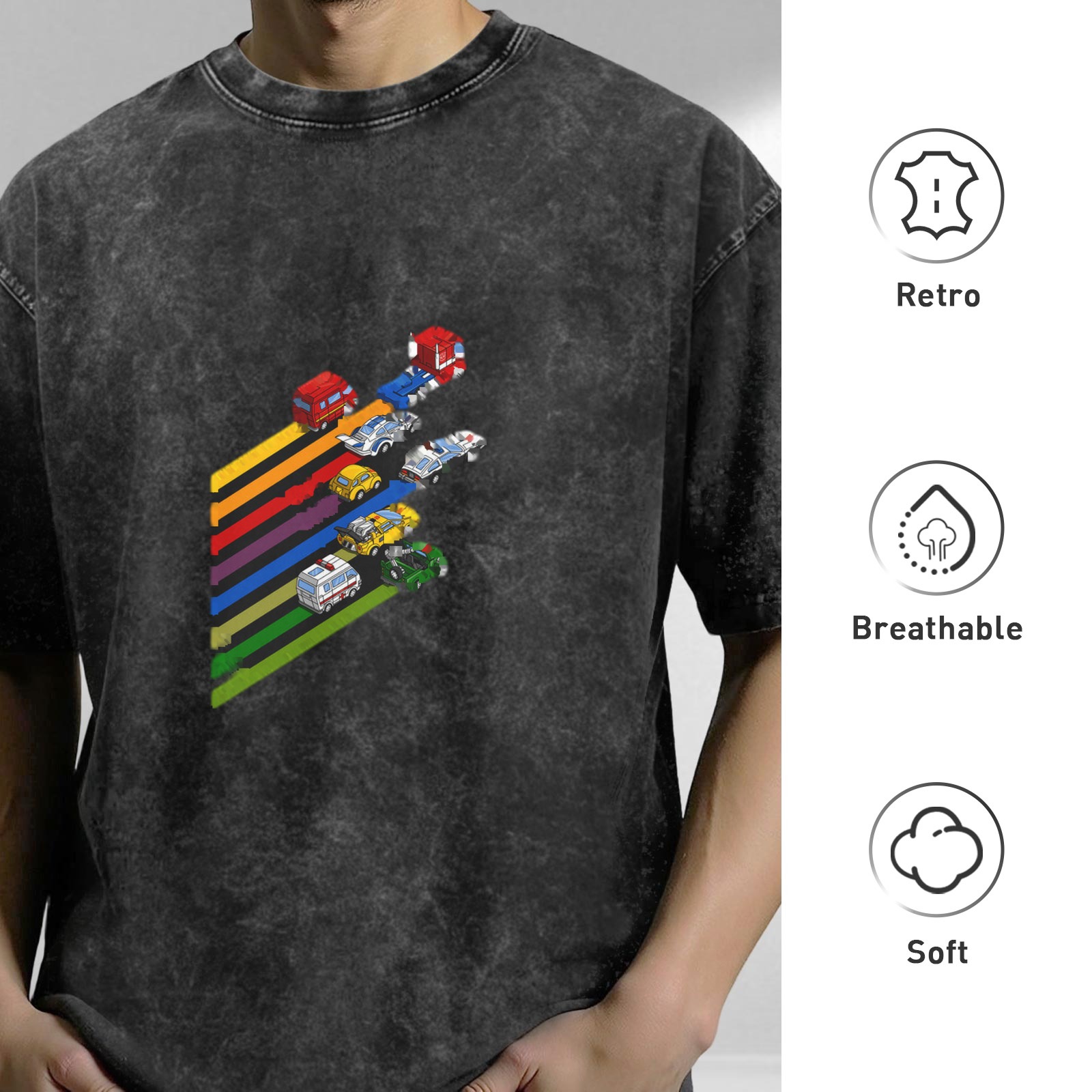 Washed black graphic t-shirt with retro vehicle rainbow stripes design