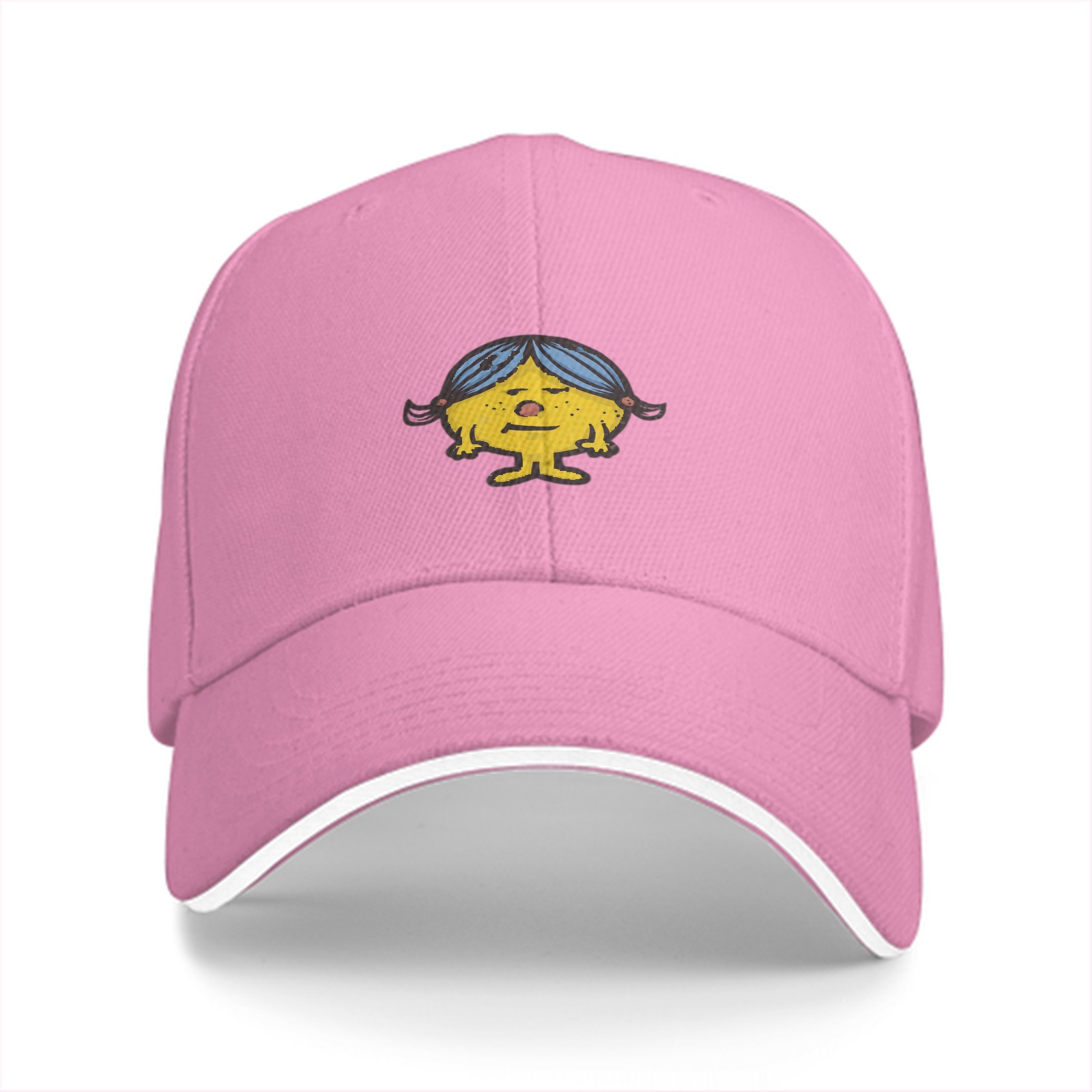Black baseball cap with yellow cartoon girl character print