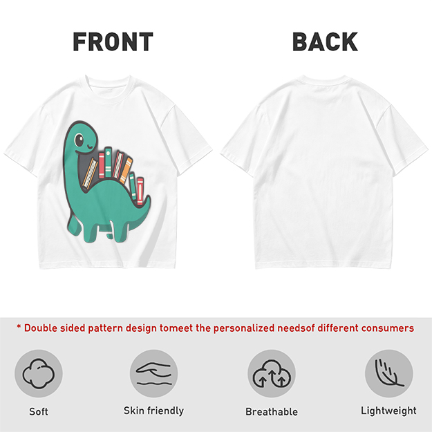 Olive T-shirt with cute dinosaur carrying books graphic