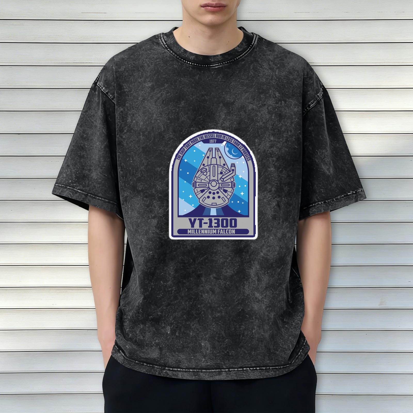 Oversized Stonewashed T-Shirt with Millennium Falcon YT-1300 Graphic