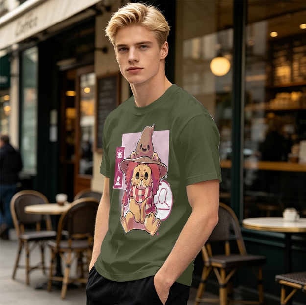 Olive T-Shirt With Cute Lion Wizard Graphic Print