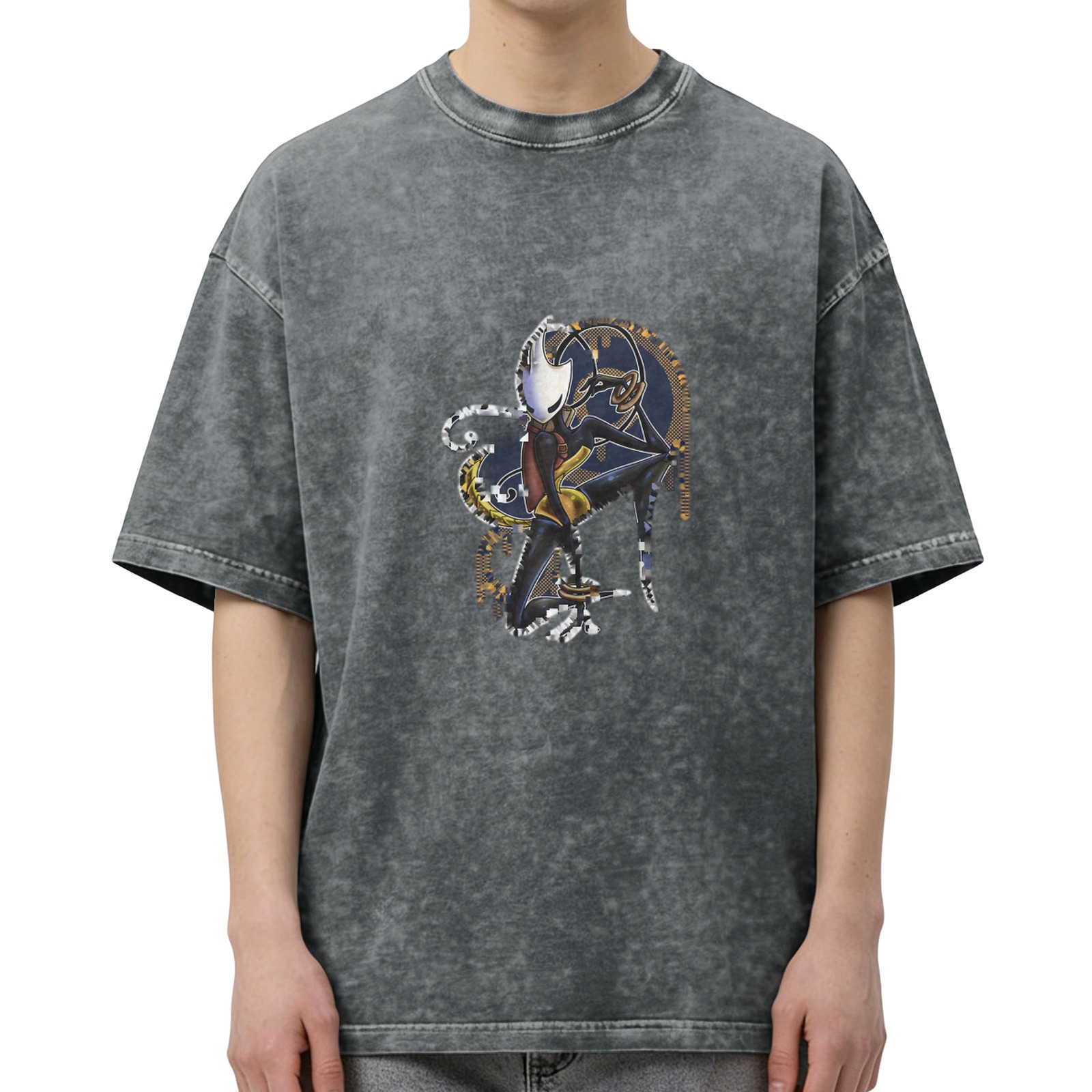 Washed Black Graphic T-Shirt with Fantasy Insect Warrior Art