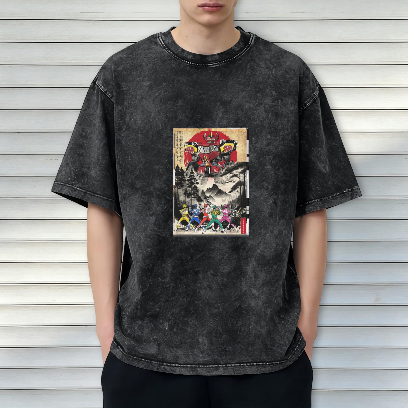 Retro washed black short-sleeved T-shirt Japanese Ukiyo-e style Super Sentai pattern Loose casual distressed top