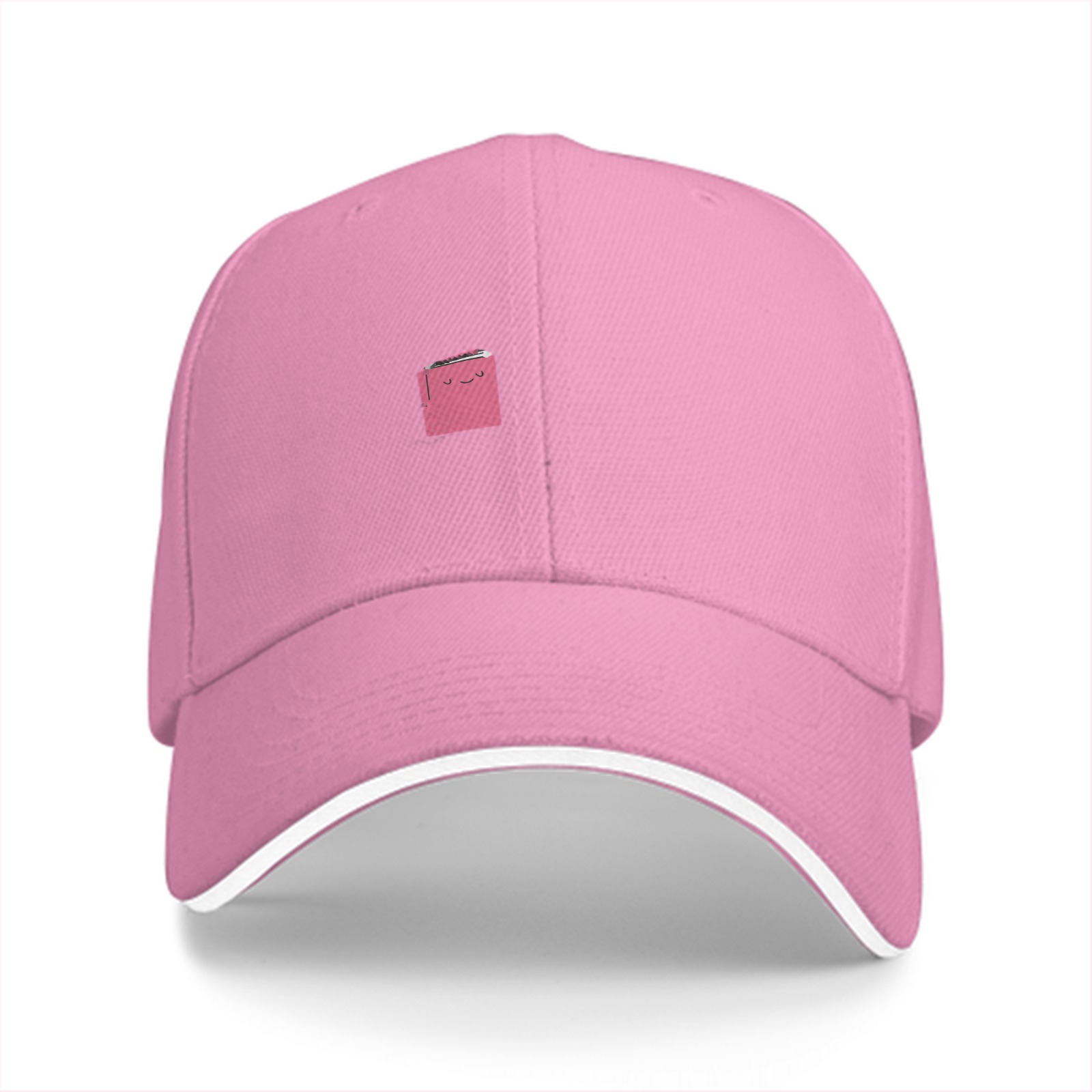 Black Baseball Cap With Small Pink Square Smiley Graphic