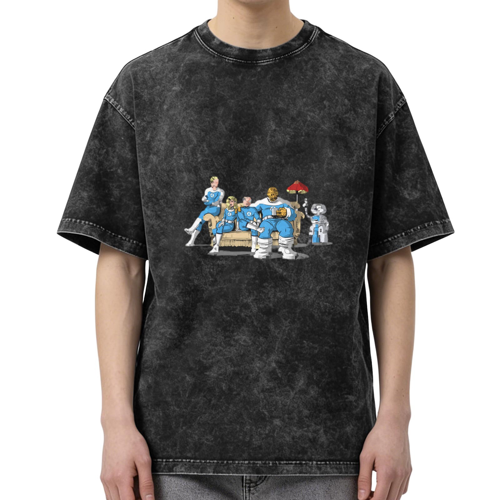 Oversized Acid Wash T-Shirt with Superhero Family Graphic Print