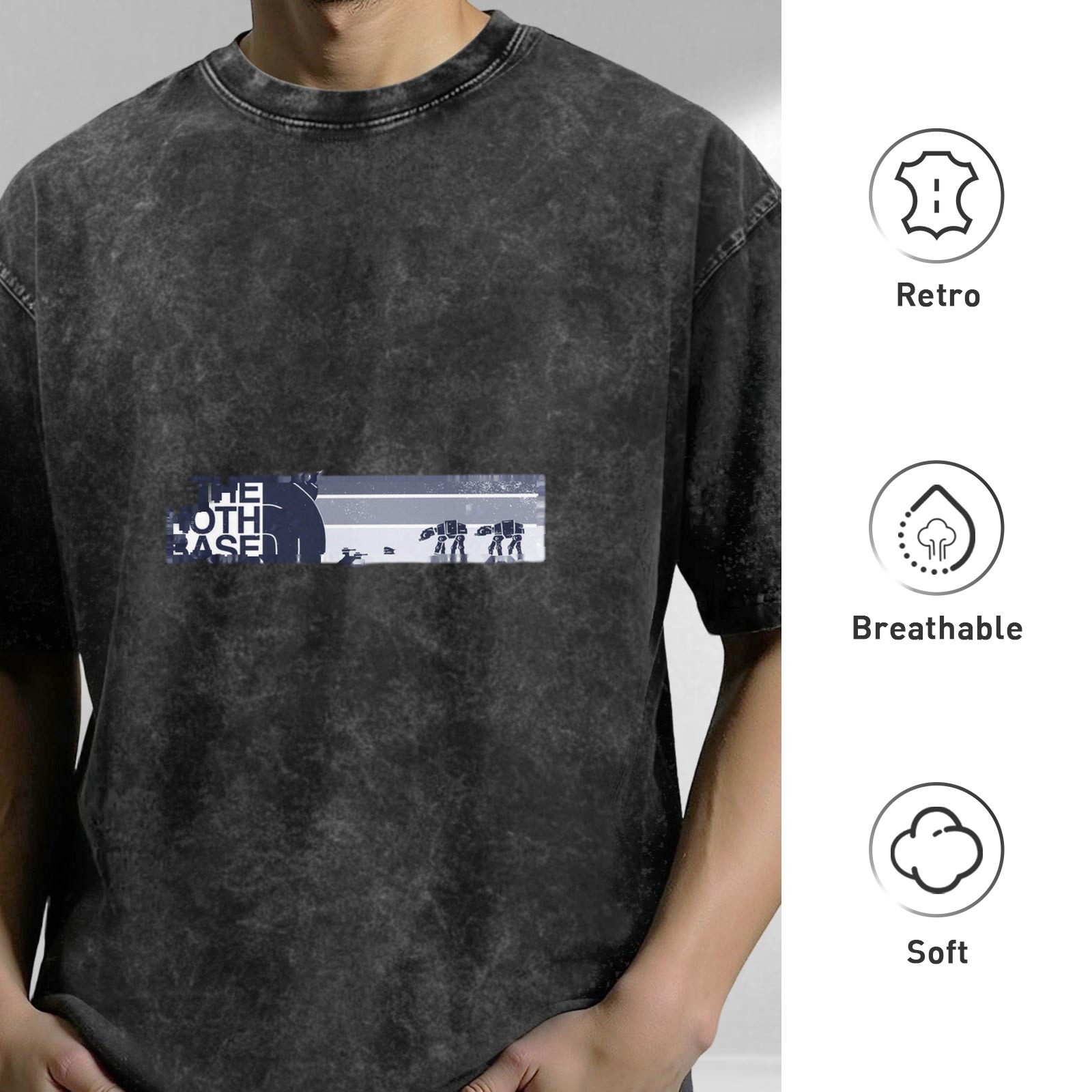 Men's Oversized Acid Wash T-Shirt with 'The Hoth Base' Star Wars Graphic Print, Black Distressed Denim-Look Fabric