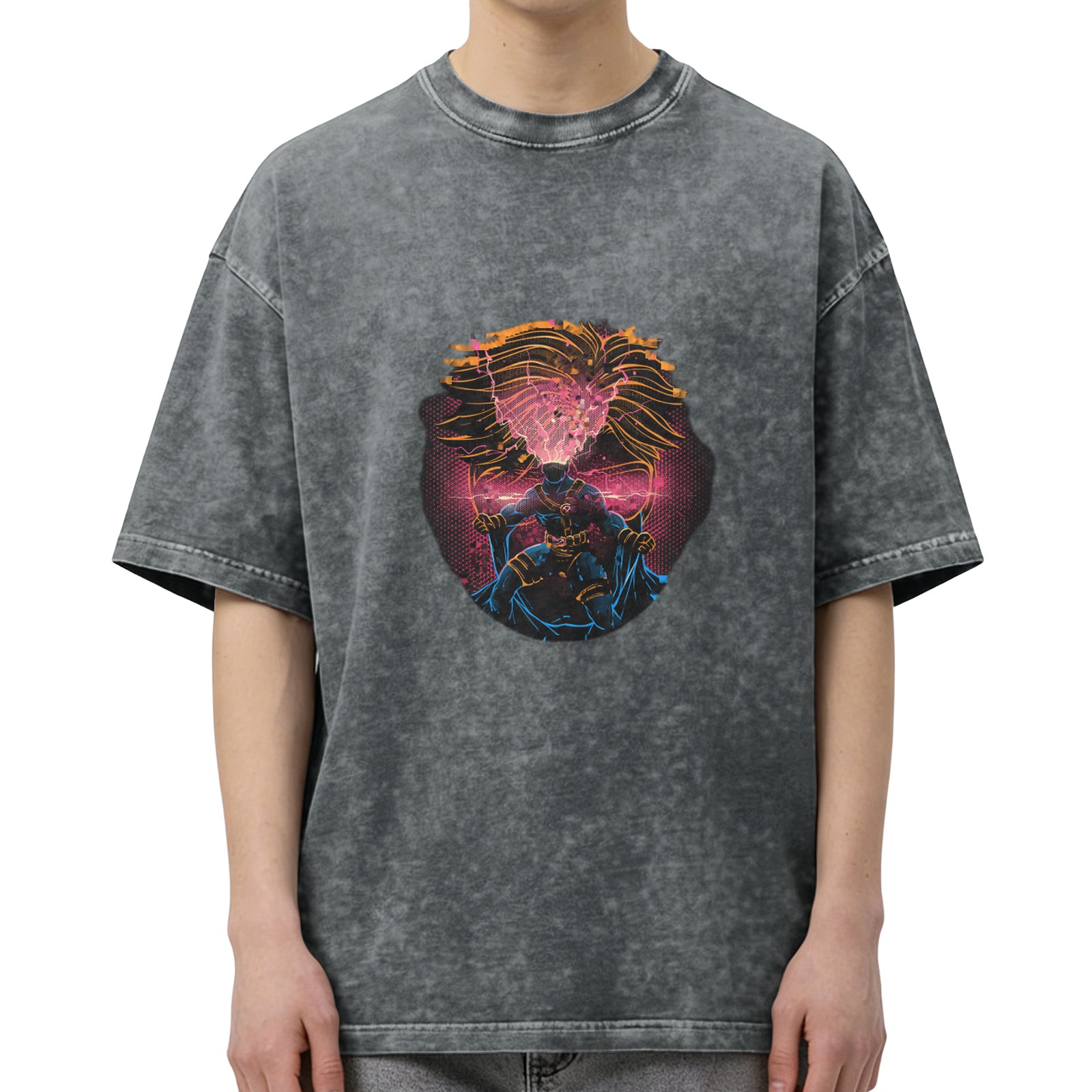Oversized Acid Wash T-Shirt with Neon Superhero Graphic