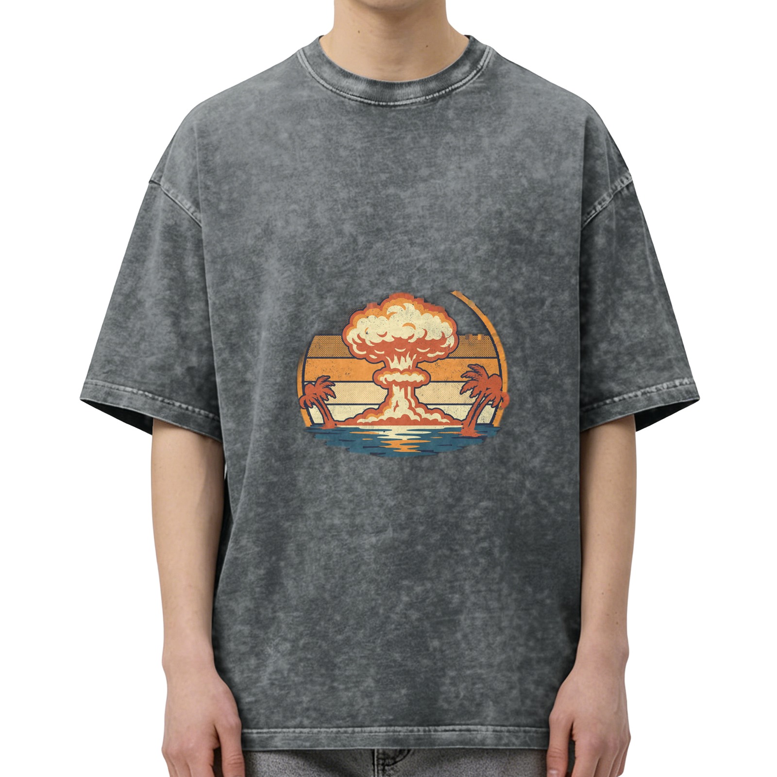 Vintage Acid-Wash Black Oversized T-Shirt with Retro Nuclear Explosion & Palm Tree Sunset Graphic Print