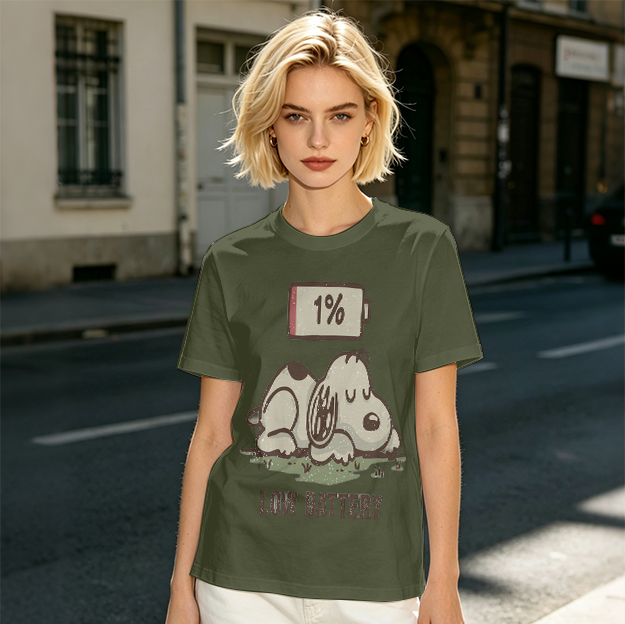 Olive T-Shirt With Tired Dog 1% Battery Graphic Print