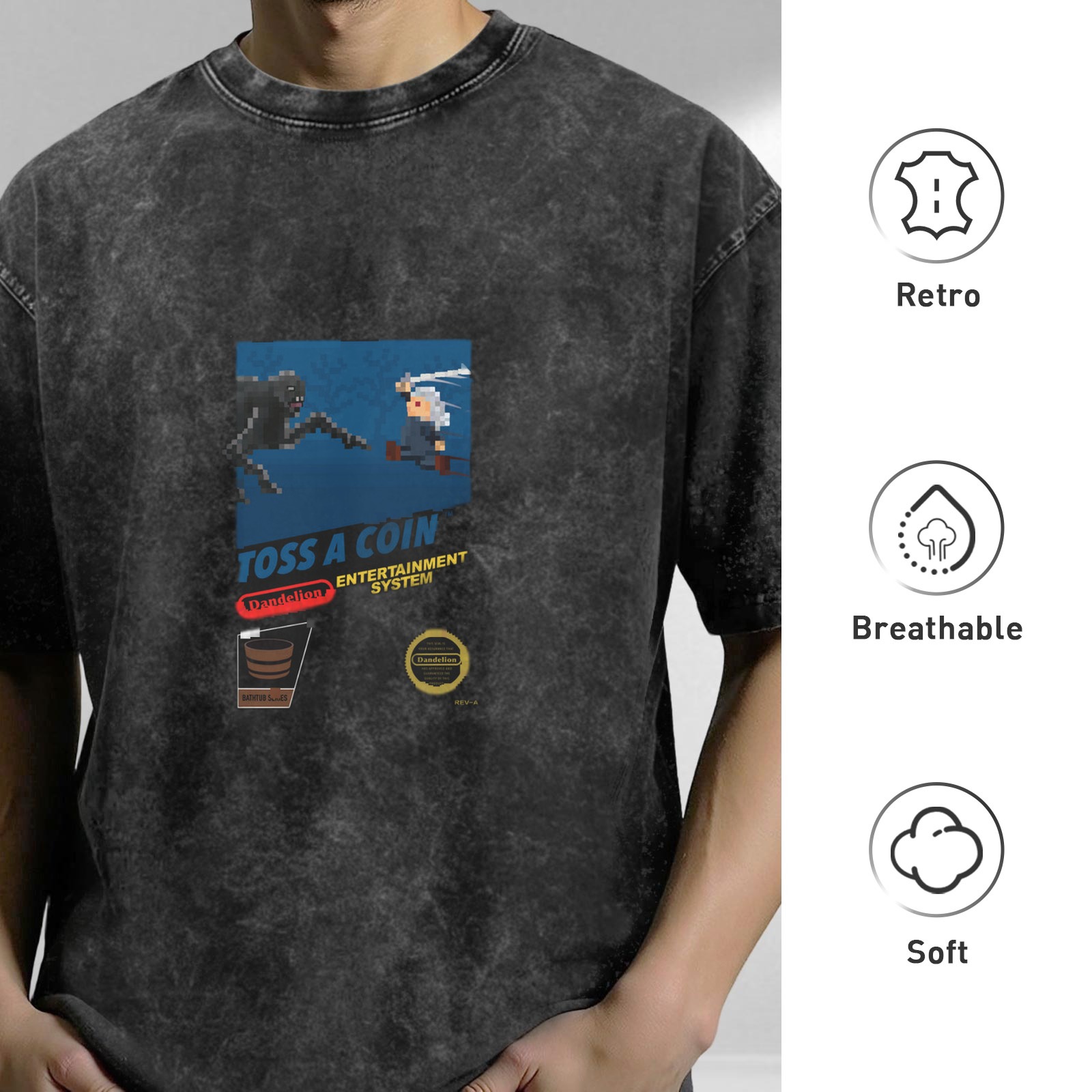 Retro distressed black pixel game themed printed loose short-sleeved T-shirt