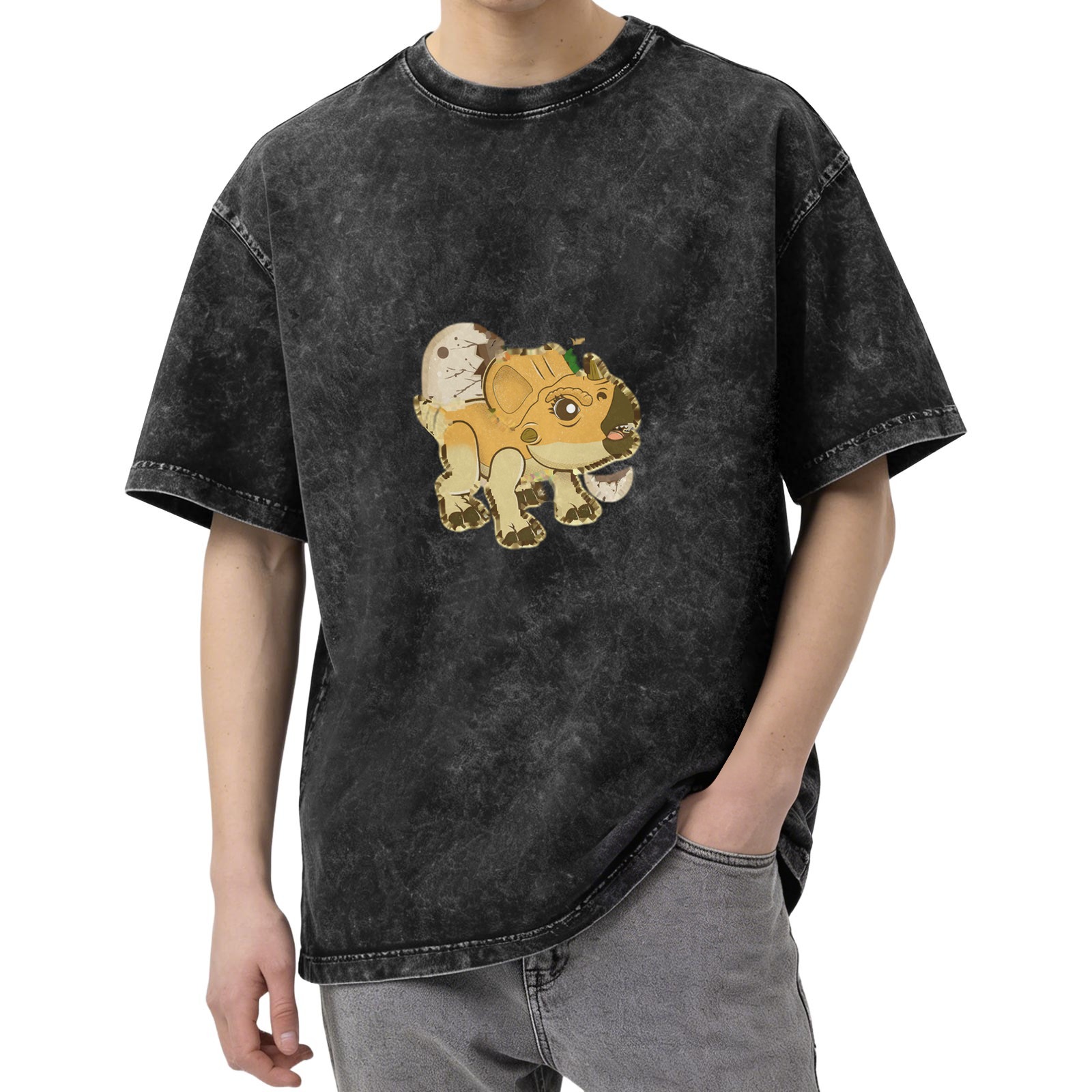 Washed Black T-Shirt With Cute Baby Triceratops Dinosaur Graphic