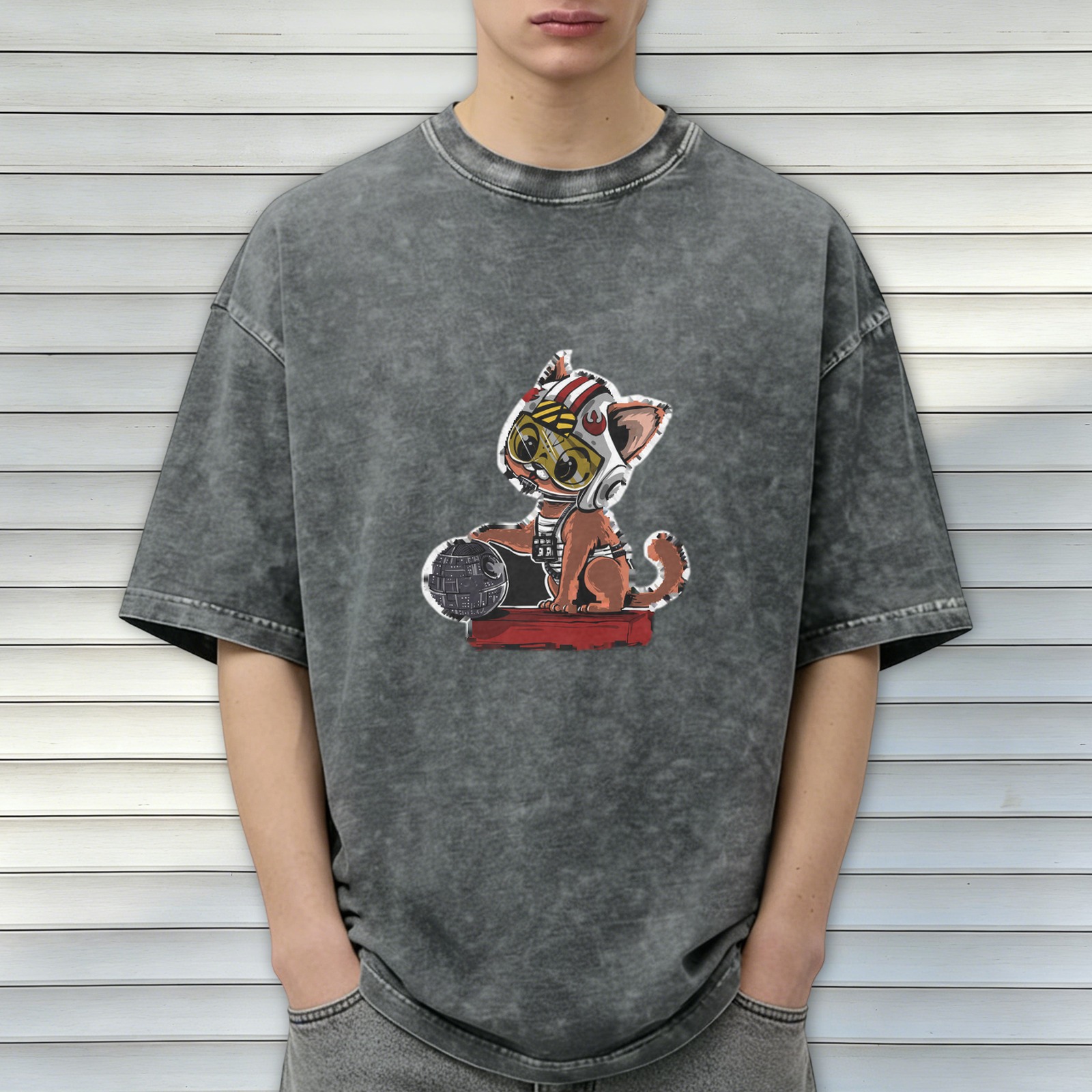 Oversized Washed Black T-Shirt with Cartoon Rebel Pilot Cat Graphic