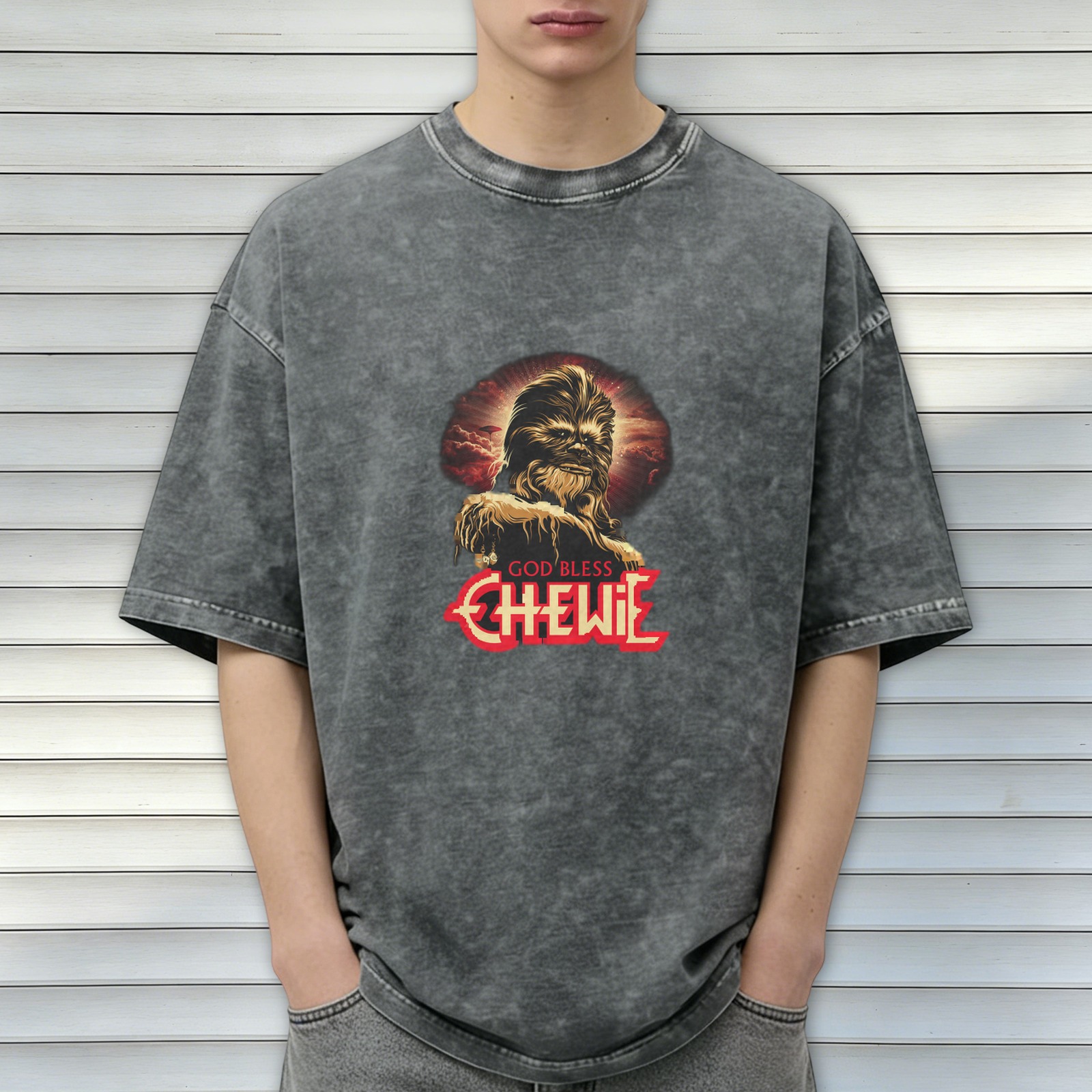 Washed Black Star Wars Chewbacca Graphic T-Shirt God Bless Chewie