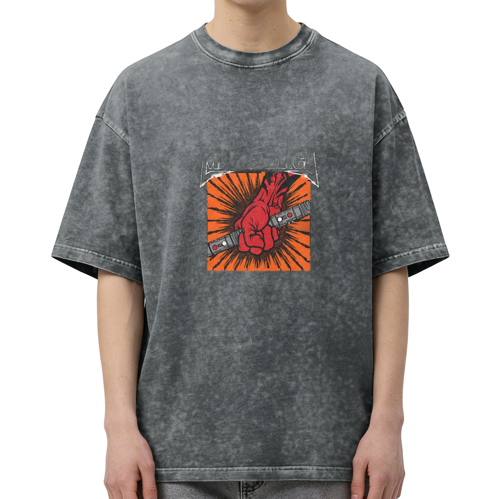 Metallica rock band themed acid washed distressed short-sleeved T-shirt Heavy metal band peripheral printed top