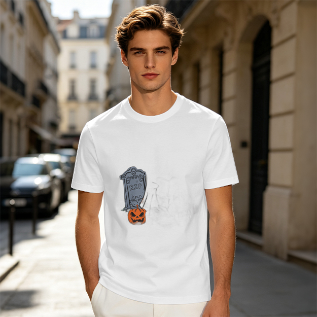 Olive Halloween Graphic T-Shirt with Tombstone and Jack-o'-Lantern