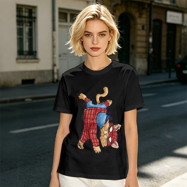 Olive T-Shirt With Playful Spider Cat Superhero Graphic Print