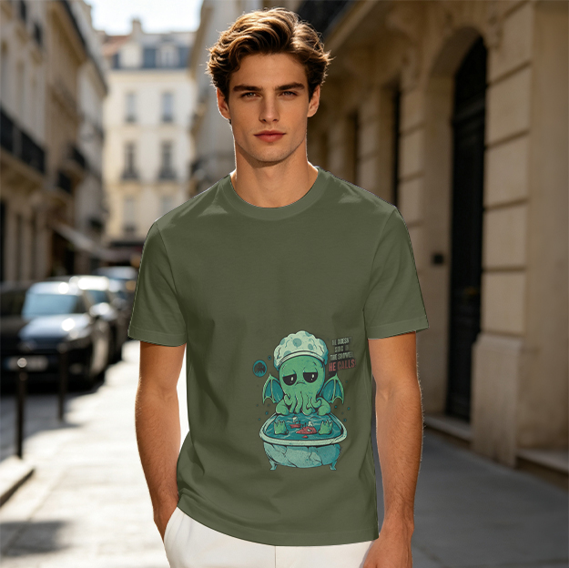 Olive T-shirt with Cute Sad Cthulhu Bathing Graphic