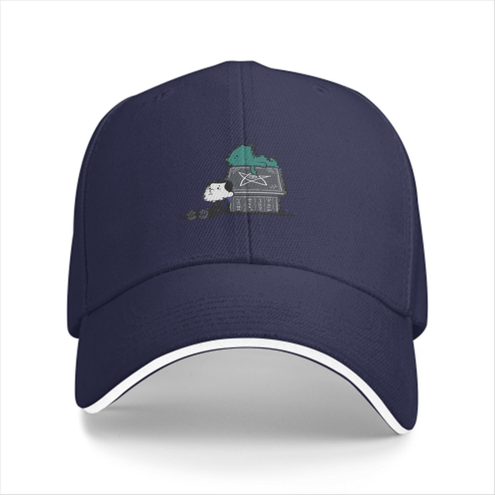 Black baseball cap with a whimsical printed graphic design