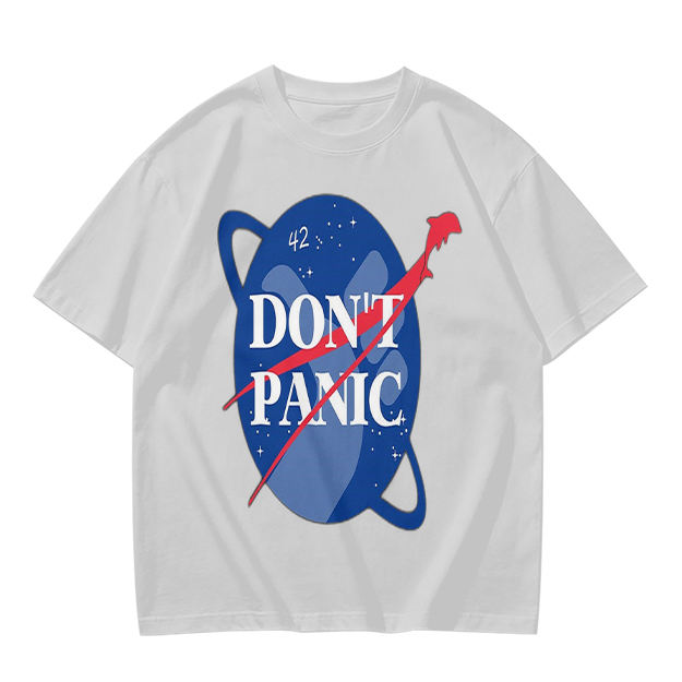 Olive green space-themed t-shirt with 'Don't Panic' print
