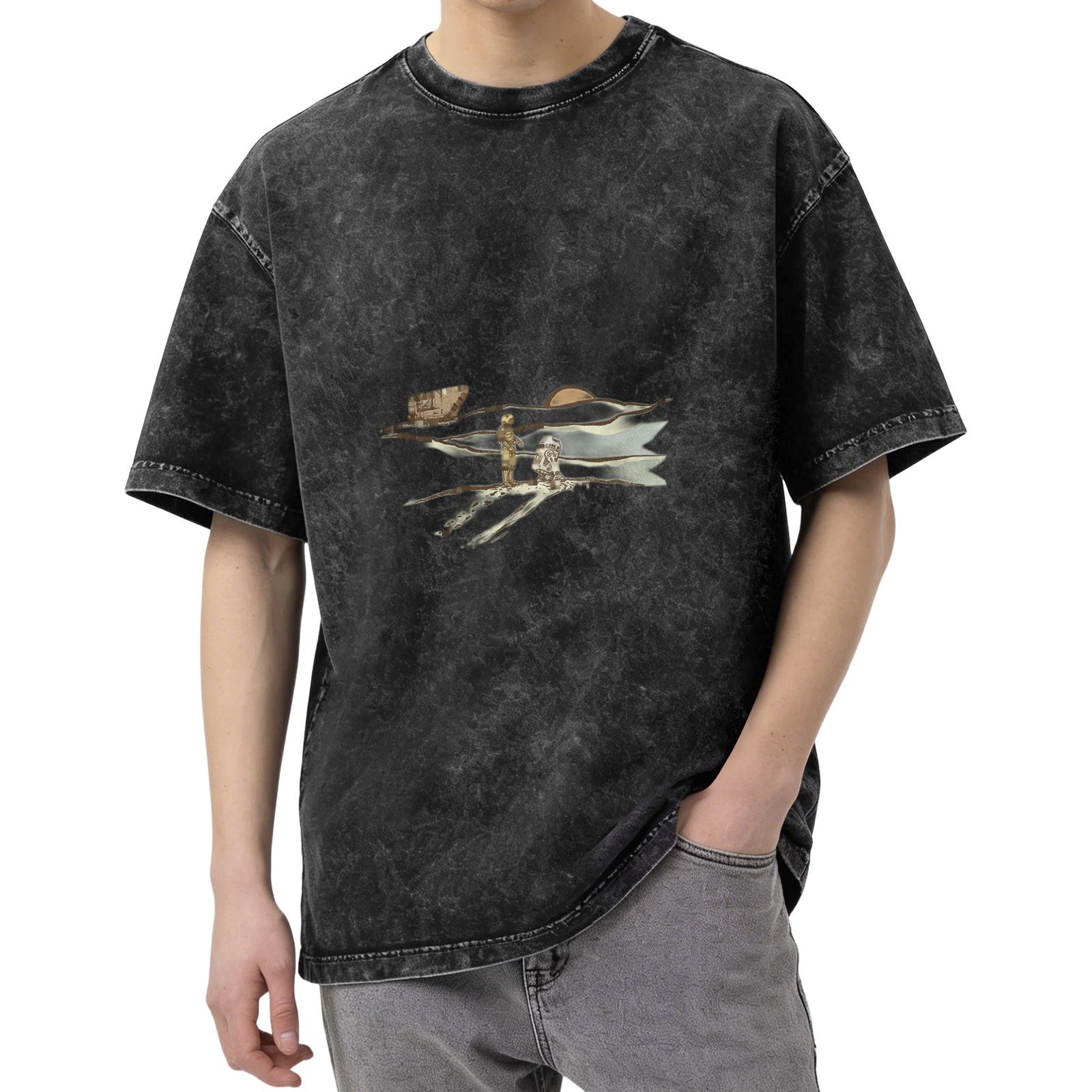 Oversized Acid-Wash Black Graphic T-Shirt with Astronaut & Landscape Print
