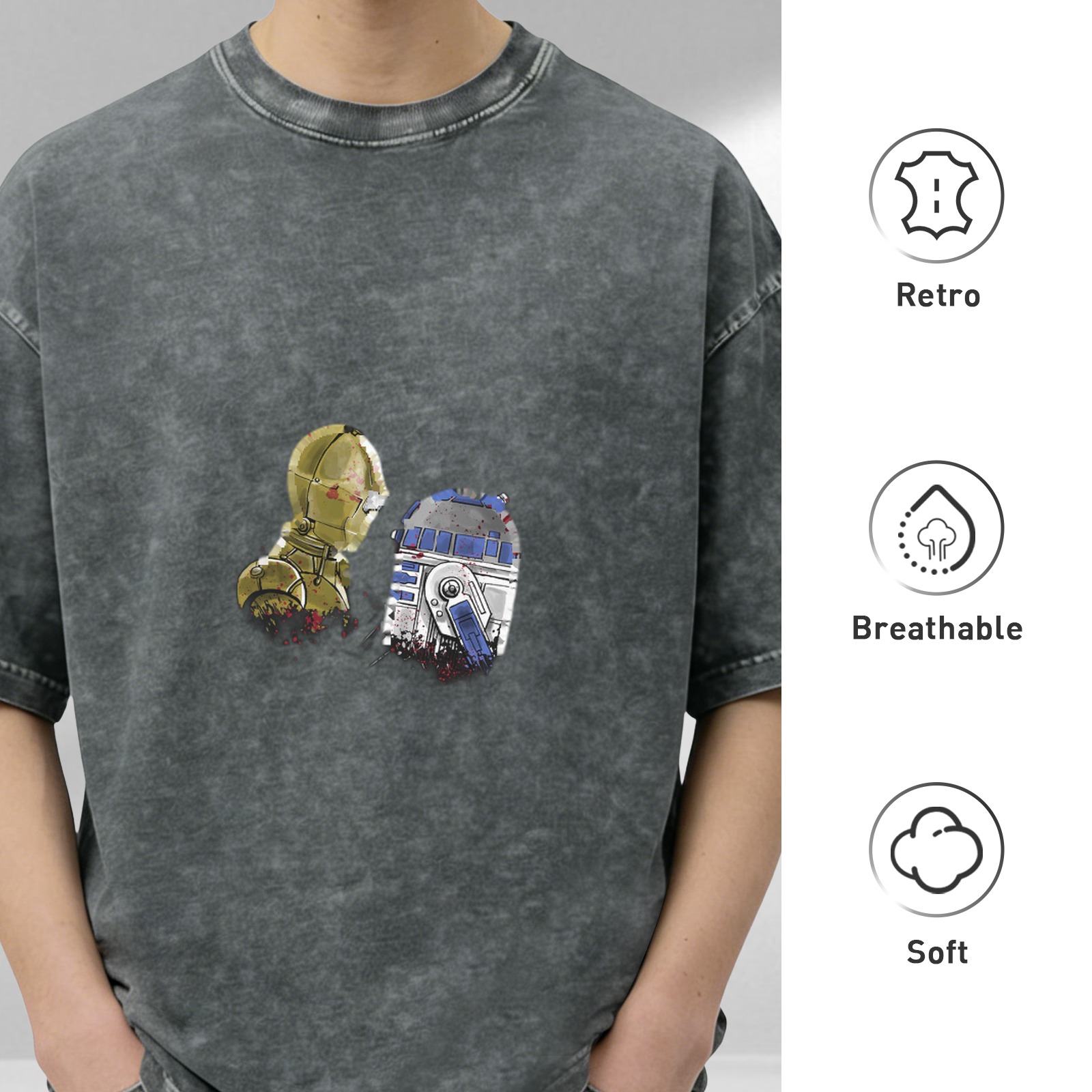 Distressed black short-sleeved T-shirt Star Wars C-3PO and R2-D2 printed loose top