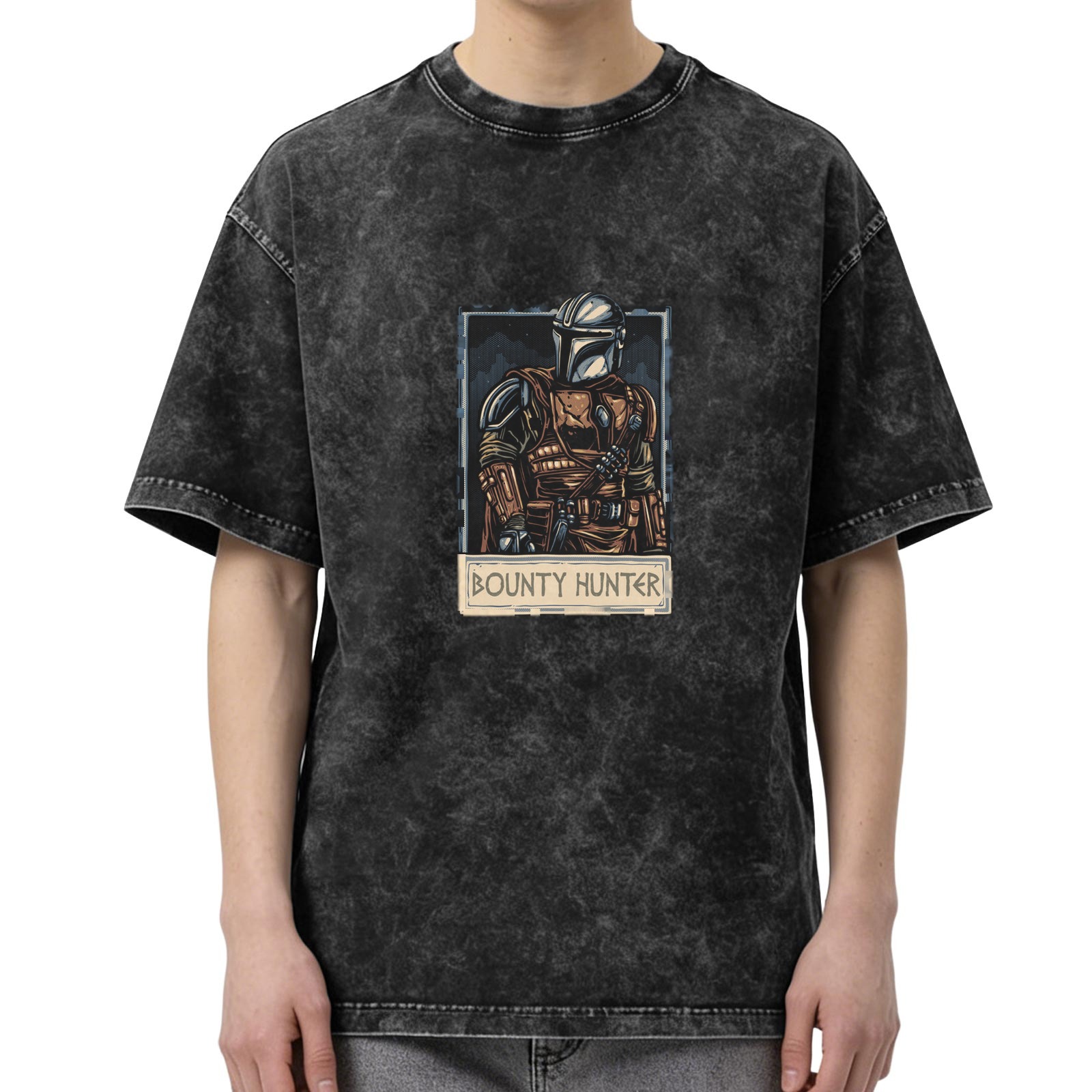 Washed Black T-Shirt With Mandalorian Bounty Hunter Print