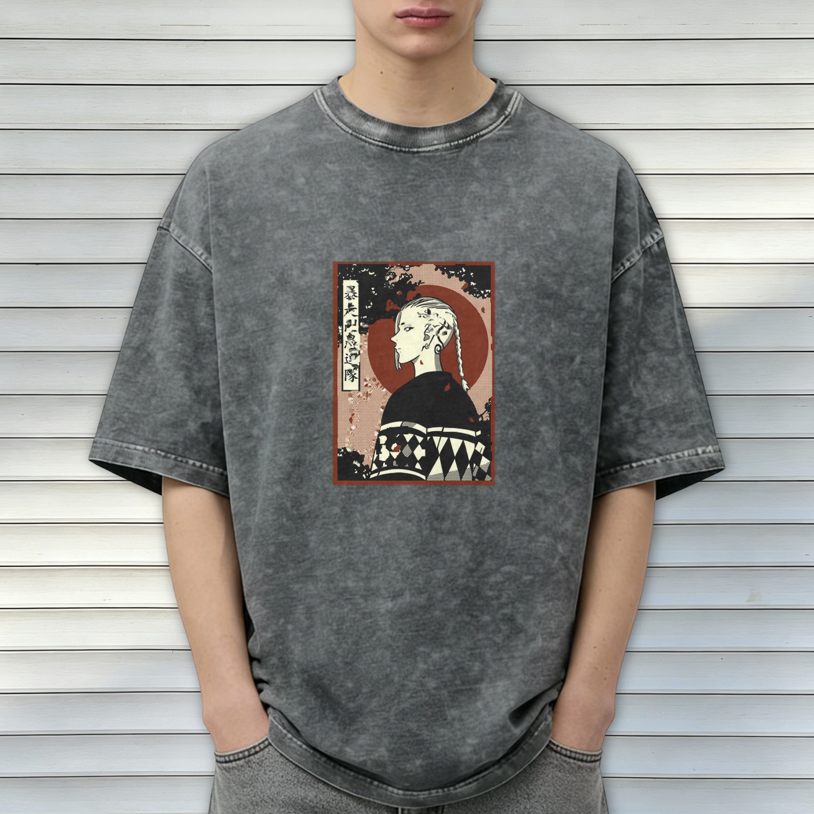 Retro washed black anime character printed short-sleeved T-shirt Street style loose shoulder top