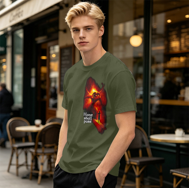 Olive T-Shirt with 'None Shall Pass' Fire Demon Graphic