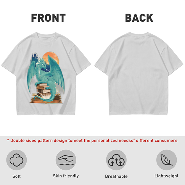 Teal Dragon Perched on Stacked Books Fantasy Graphic T-Shirt