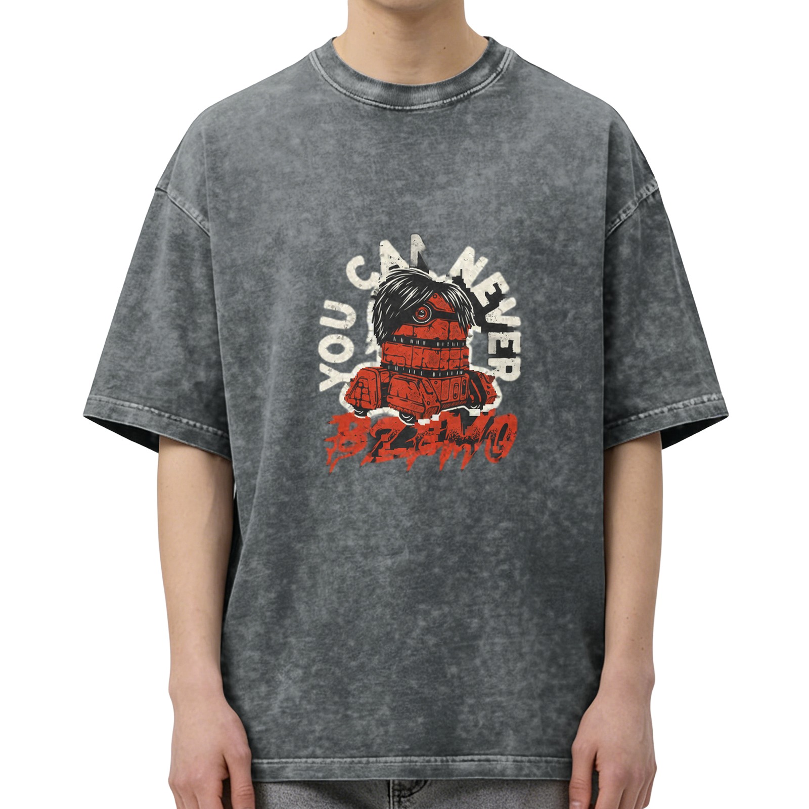 Washed black graphic t-shirt with You Can Never Bzimo text and red robot print