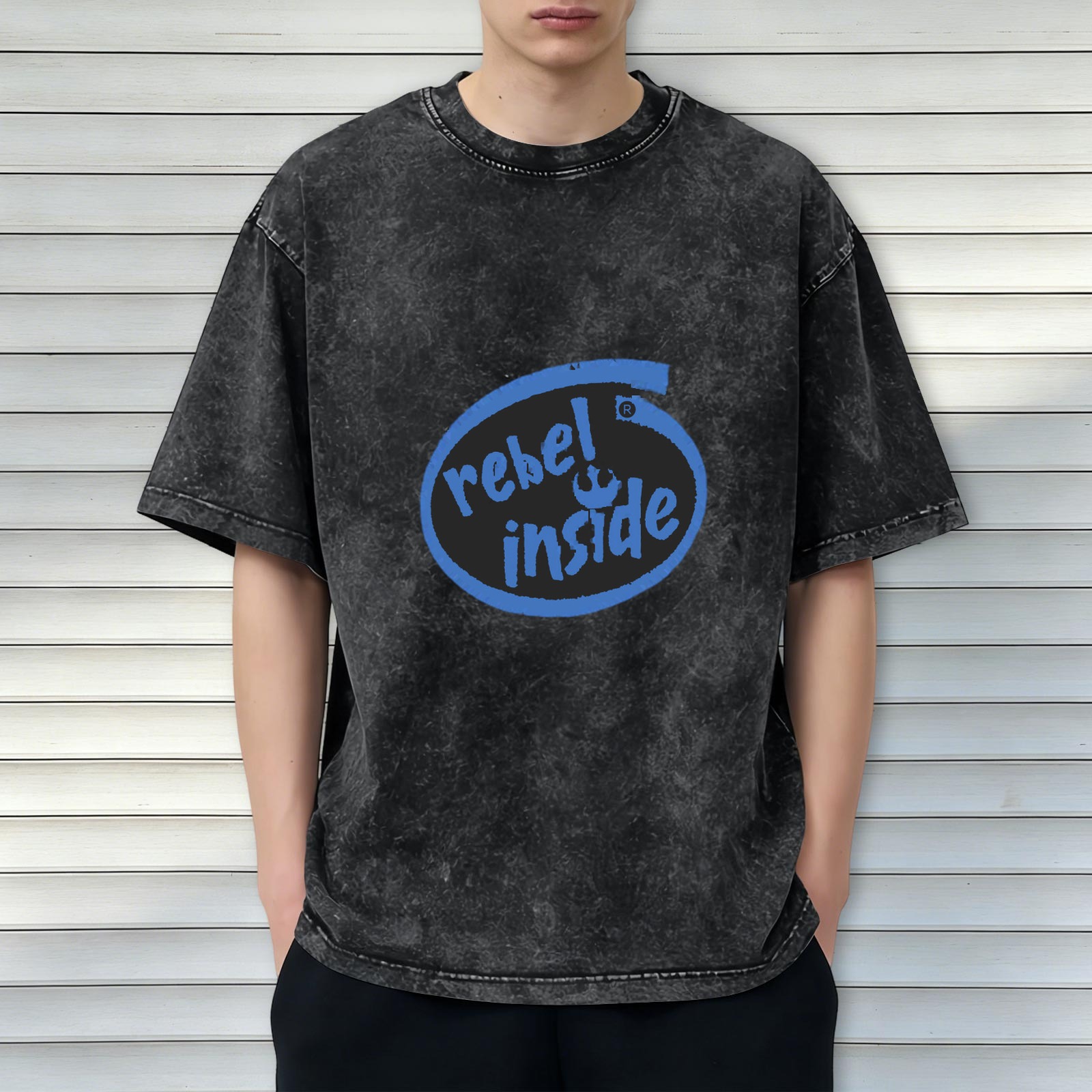 Washed Black Graphic T-Shirt With Rebel Inside Print