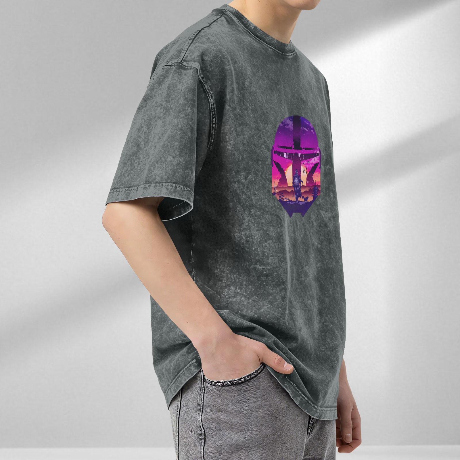 Distressed Black Mandalorian Helmet Graphic Short Sleeve T-Shirt