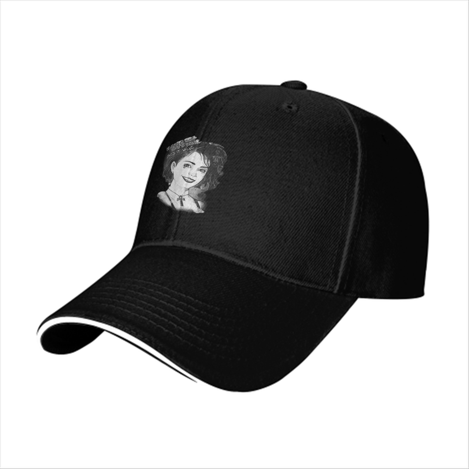 Black Baseball Cap With Monochrome Portrait Print